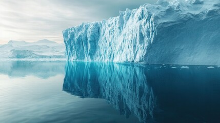 Towering blue iceberg wall reflects in calm arctic water surrounded by distant snow-covered frozen landscapes under a pale sky.