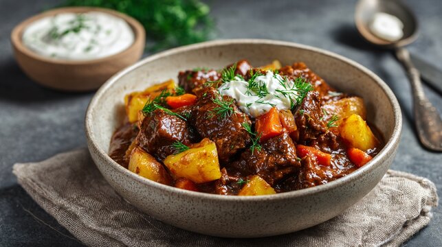 Hungarian goulash reimagined as plated modern main, neutral clay background
