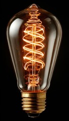 A vintage-style light bulb illuminates with a warm glow, showcasing its intricate filament design and classic aesthetic on a black background.