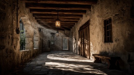 Rustic hallway with timber beams lantern glow and volumetric shadows cascading across stone flooring