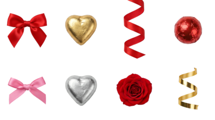 Valentine's day decoration set including red bows, chocolate hearts, silk ribbons, rose, and foil spheres isolated. Romantic gift and anniversary element collection.