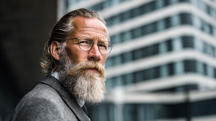 Professional mature man in business formal attire with confident expression, stylish glasses, beard, urban city background, modern architecture, leadership portrait