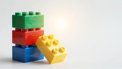 Fototapeta premium Stacked colorful LEGO blocks with leaning yellow piece