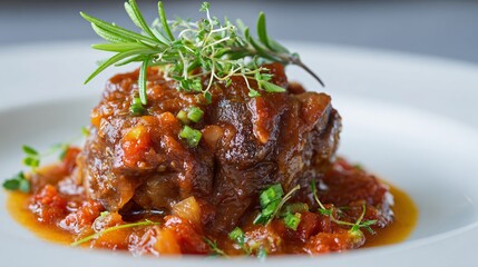 Fototapeta premium Italian osso buco refined into a clean plated portion, light gray background, contemporary trattoria style