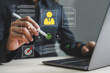 A businessman leveraging smart technology to verify digital identity and KYC documents for online...