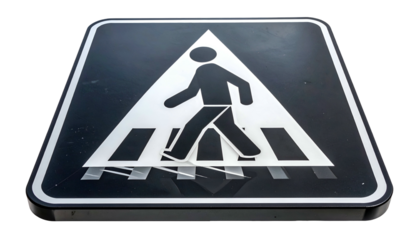 A close-up of a pedestrian crossing sign, black border, white figure, with zebra stripes