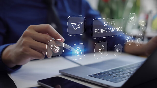 Sales performance management: businessman using laptop to analyze data for strategic decision making in operations management, increasing sales and business growth - Powered by Adobe