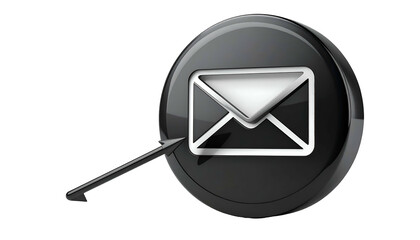 A glossy black circle icon with an envelope and a pointing handle