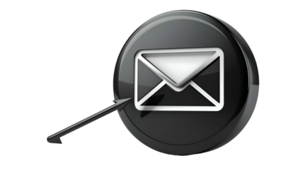 A glossy black circle icon with an envelope and a pointing handle