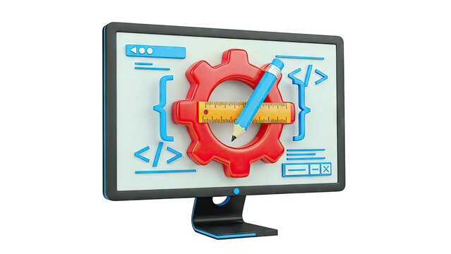 3D Rendering of Computer Screen with Coding and Design Elements