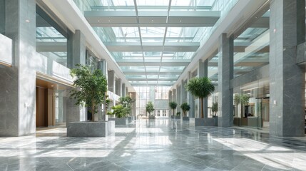Spacious business atrium glass ceiling panels streaming natural daylight reflections sparkle subtly across polished stone flooring shadows fall