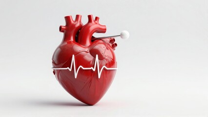 Red heart model with EKG line and medical probe