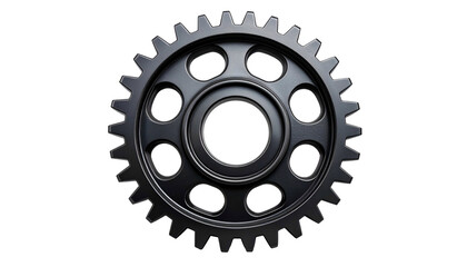 A metallic, toothed gear, centered on a black background, with radial symmetry