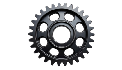 A metallic, toothed gear, centered on a black background, with radial symmetry