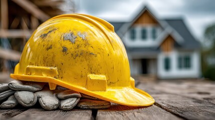 A well-used yellow hard hat rests atop work gloves on a wooden surface, symbolizing construction and labor in a residential building site.