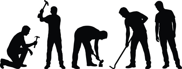 Set of realistic black vector silhouettes of construction workers using hammers and crowbars for demolition and manual repair tasks.