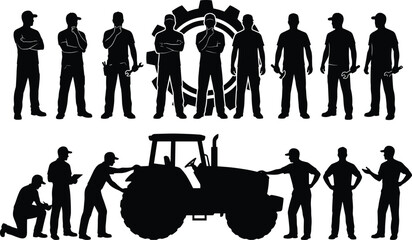 Set of realistic black vector silhouettes of mechanics and farmers working on tractor repair, maintenance and industrial engineering tasks.