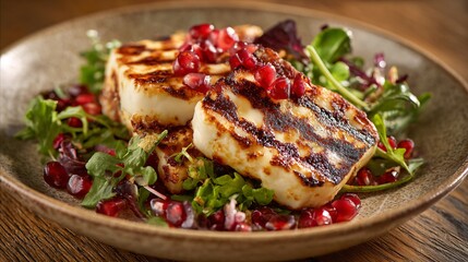 Lebanese grilled halloumi main with restrained pomegranate accents, neutral clay plate, contemporary Levantine aesthetic