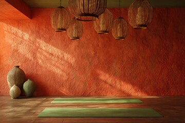 Textured yoga room with tangerine stucco walls olive green rubber mat hanging bamboo lighting creating radial shadows rich
