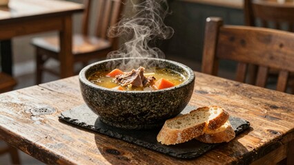 Steaming soup with bread on rustic wooden table