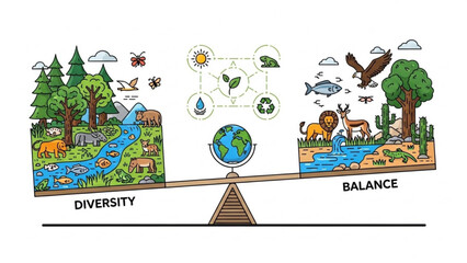 Ecological balance concept diverse ecosystems on a scale representing natures harmony and sustainability for environmental awareness