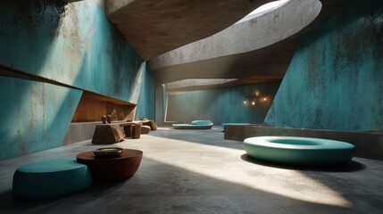 Turquoise and ochre interior with smooth cement textures directional skylight shadows and sculptural furniture casting soft blur