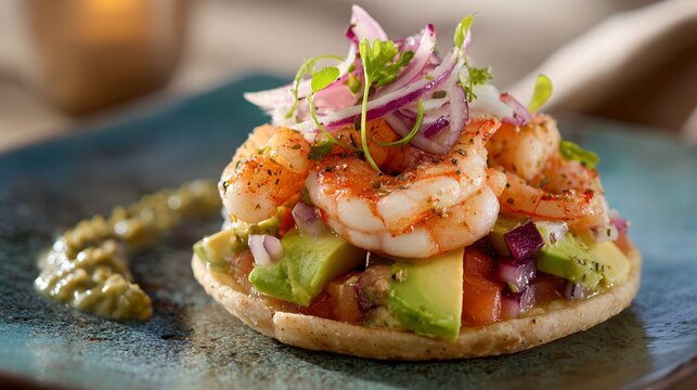 Mexican seafood tostada transformed into elegant plated main, pale stone backdrop
