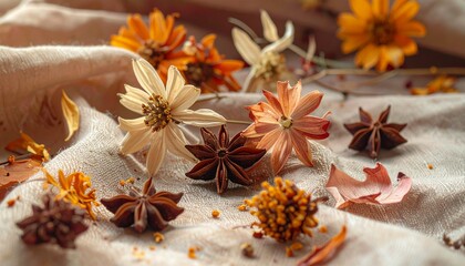 Aromatic star anise and cinnamon sticks create a festive Christmas seasoning decoration with brown dried spices and herbal seeds for a flavorful food aroma