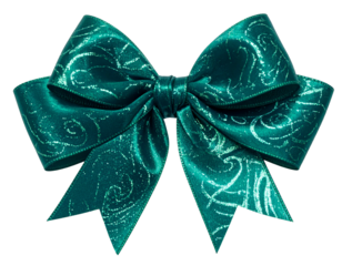 Close-up of a teal bow with a shimmering, swirling silver pattern on a black background