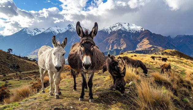 A brown domestic donkey stands in a rural green meadow field among wild grass and nature as a young equine mammal on the farm pasture