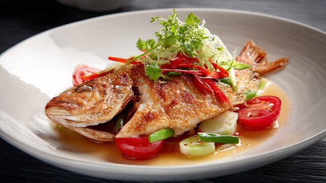 Pan-fried red snapper with clean plating balance, pale ceramic dish