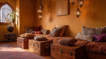 Vintage yoga room with antique wooden chests embroidered cushions and warm ochre walls lit with nostalgic amber glow