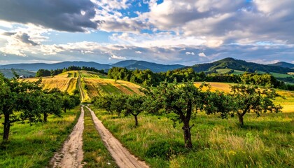 Naklejka premium Panoramic summer view of the rural Tuscany Italy landscape featuring green rolling hills and a winding river under a blue sky with clouds