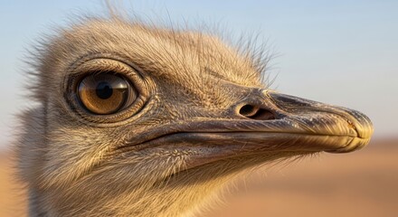 Captivating close-up of an ostrich's facial features in warm natural light