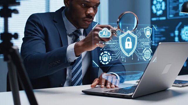 Professional businessman using a laptop to analyze an AI-powered cybersecurity system and virtual network protection, ensuring data integrity, threat detection, and advanced online security solutions.