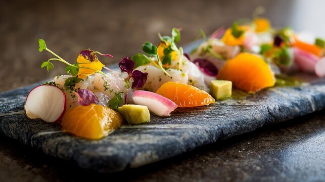 Peruvian ceviche plated with precision, translucent citrus cure, neutral stone surface, refined coastal restaurant mood