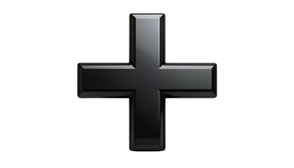 Obraz premium A glossy, metallic cross symbol rendered in 3D, set against a stark black background
