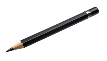 A black, hexagonal writing instrument with a graphite core and eraser, isolated on black