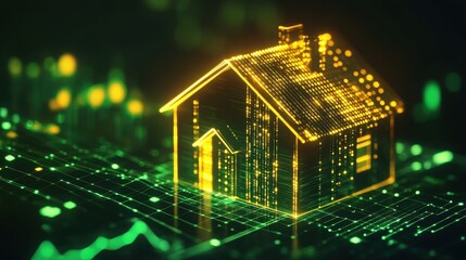 Conceptual illustration of a glowing digital house structure representing real estate investment growth and smart home technology in a virtual data environment