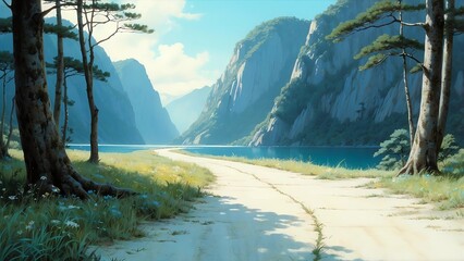 ゲーム背景　山の渓谷へ続いている明るい一本道のある風景