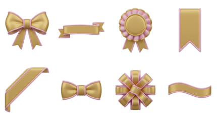 Gold and pink ribbon set including bows, badges, banners, and wavy strips isolated. 3d decorative elements for gift wrapping and celebration design.