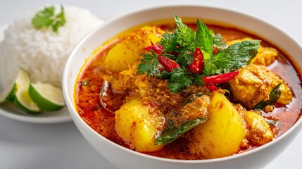 Fototapeta premium Sri Lankan coconut curry main presented as modern restaurant dish, pale background