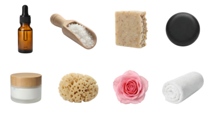 Natural spa wellness set including essential oil dropper bottle, sea salt scoop, handmade soap, massage stone, facial cream, sponge, rose, and towel isolated. Beauty and aromatherapy collection.