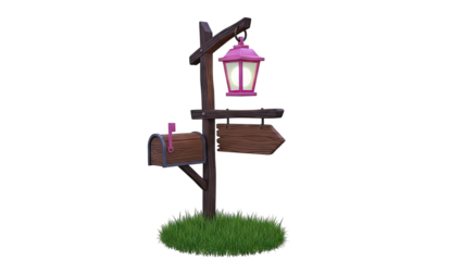 Cartoon Mailbox, Signpost, and Lantern on Grass