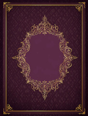 vintage book cover with an ornate golden frame on a dark purple background, vector illustration, flat design