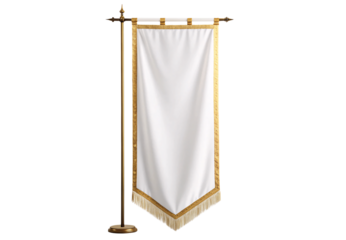 Elegant ceremonial pennant with gold fringe on ornate stand, isolated on a transparent background