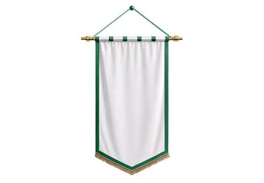 White decorative banner with green trim and gold tassels hanging, isolated on a transparent background