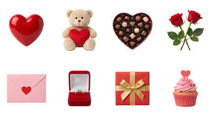 Valentine's Day gift set including heart, teddy bear, chocolate box, roses, envelope, engagement ring, present, and cupcake isolated. Romantic celebration and anniversary collection.