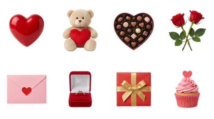 Valentine's Day gift set including heart, teddy bear, chocolate box, roses, envelope, engagement ring, present, and cupcake isolated. Romantic celebration and anniversary collection.