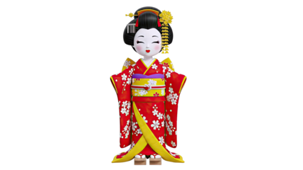 Charming Geisha Doll in Traditional Red Kimono with Cherry Blossoms